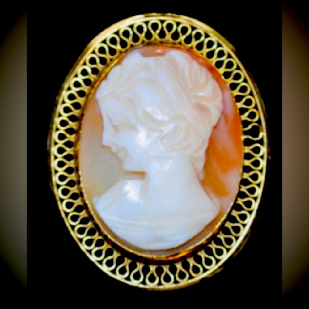 Vintage Cameo Carved Shell Pin or Necklace Rare Left Facing filigree Design